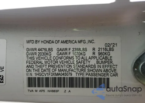 2021 Honda Accord Sport из США, поврежденный, VIN 1HGCV1F3XMA045079